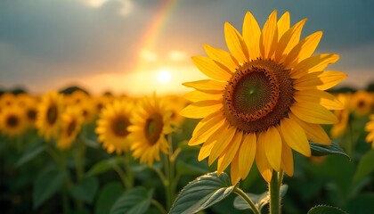 Obraz premium Vibrant sunflower field bathed in golden sunset light with a rainbow arching across the sky