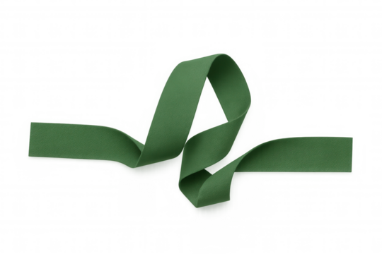 Green fabric ribbon twisting into a loop, abstract textile element creating a decorative shape with transparent background