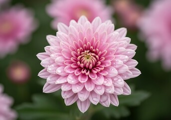 A close-up view of a delicate pink chrysanthemum, showcasing its intricate petals and glistening water droplets, creating a soft and serene aesthetic.