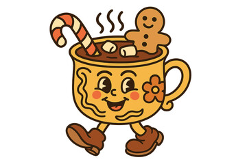 Retro cartoon Christmas hot chocolate mug character. Groovy 70s mascot walking with cocoa, candy cane, and gingerbread man. Cute winter drink vector illustration concept.