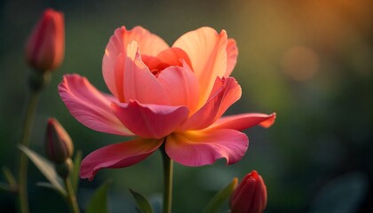 Fototapeta premium Stunning pink tulip unfurls delicate petals bathed in warm golden hour sunlight, capturing nature's beauty