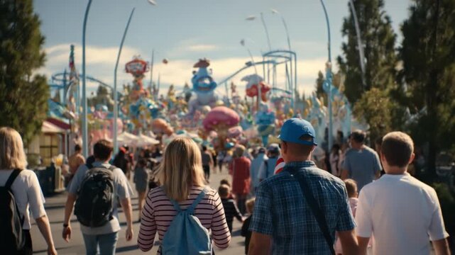 Amusement Park Fun: A lively crowd enters an amusement park, the vibrant atmosphere filled with rollercoasters and excitement, a perfect day out for family.