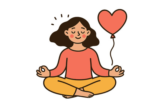 Love yourself vector illustration. Self love and care concept. Happy woman meditating in lotus asana with heart balloon. Mental health, wellbeing, harmony and balance. - Powered by Adobe