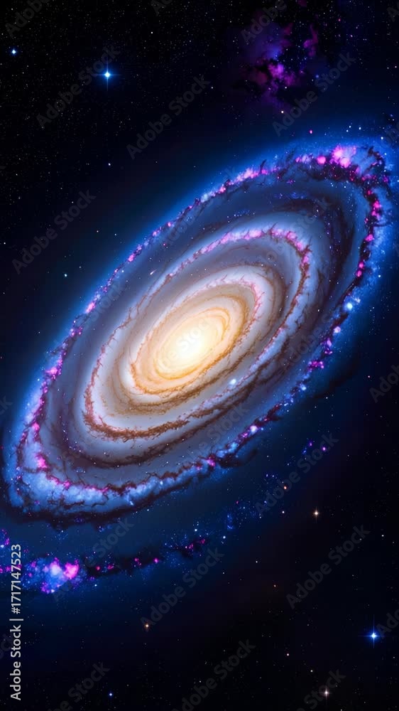 Wall mural view of a spiral galaxy with colorful nebulae and stars in dark outer space with a bright center and
