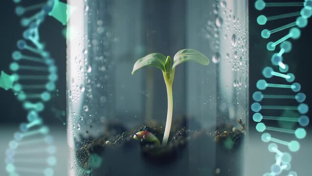 Biotech Laboratory Experiment with Green Plant in Glass Tube, Futuristic Digital Light Effects and Scientific Innovation