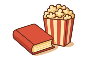 Don't judge a book by its movie quote. Concept of literature versus film adaptation. Vector illustration of a book and popcorn for reading, library, and cinema themes.