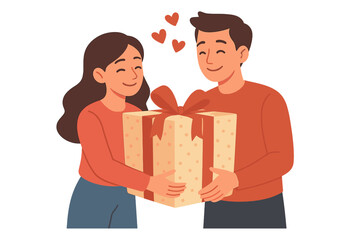 Couple in love holding a big gift box. Man giving a present to a woman. Boyfriend and girlfriend celebrating valentine's day, anniversary, or birthday. Romantic vector.