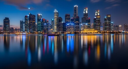 Obraz premium A stunning nighttime cityscape of modern skyscrapers reflecting in calm water under a twilight sky.