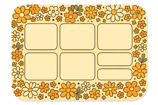 Vintage 70s floral weekly planner template. Groovy retro flower frame for school schedule, organizer, or reminder notes. Cute printable daisy sticker background vector.