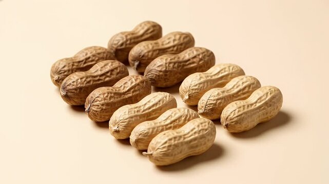 A close up of a bunch of peanuts with some of them being brown and some being white. The peanuts are arranged in a row and are of different sizes