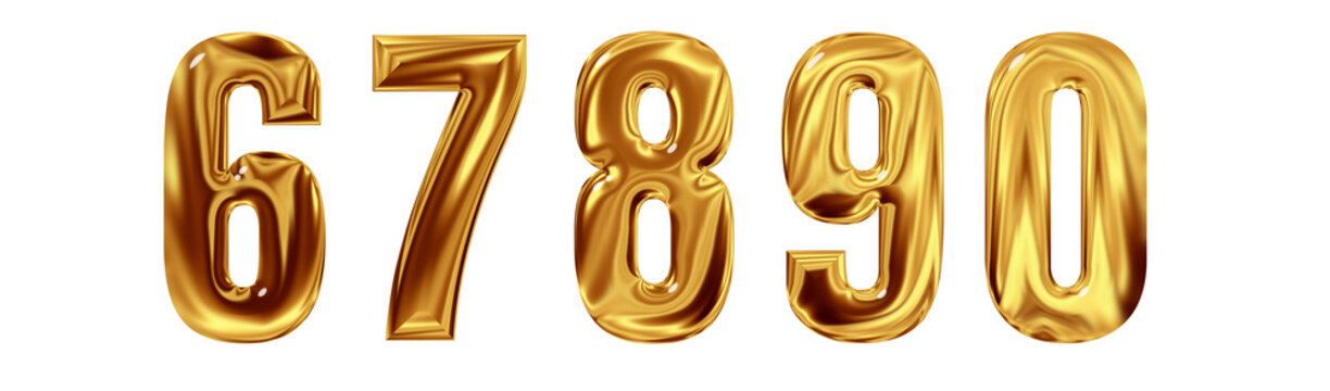3d realistic gold chrome metal numbers 67890 transparent PNG file 300 dpi