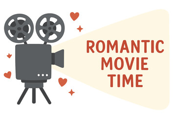 Romantic movie time concept with retro film projector. Cinema love story banner. Vintage movie camera and hearts for Valentine's day date night or anniversary greeting card.