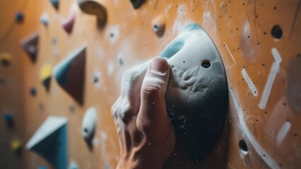 Intense focus as climber grips chalky hold on indoor climbing wall, seeking adventure and fitness, showing determination and strength in training