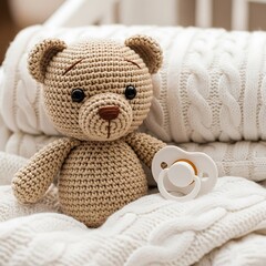 A crocheted teddy bear sits amongst soft, knitted blankets, alongside a pacifier, creating a cozy and comforting scene.