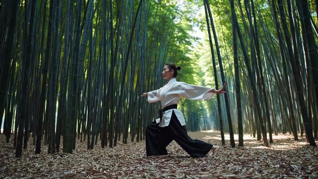 A serene video scene of a person in martial arts attire walking through a bamboo forest, captured from a low angle, emphasizing tranquility and nature.