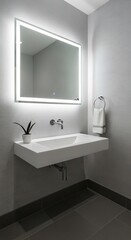 Modern bathroom vanity with a lighted mirror and minimalist design.