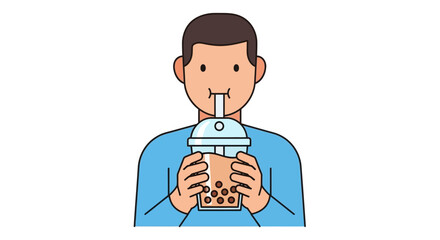 Cartoon illustration of a man drinking bubble tea with a straw in a clear cup design