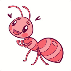 Cute ant cartoon character holding blue flower on white background
