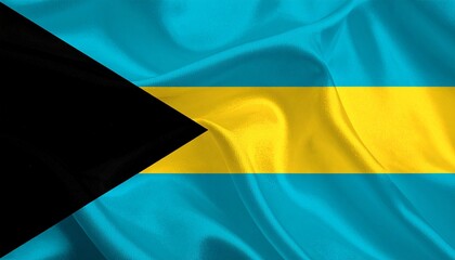Bahamas national flag with aquamarine-gold-aquamarine stripes and black triangle at hoist