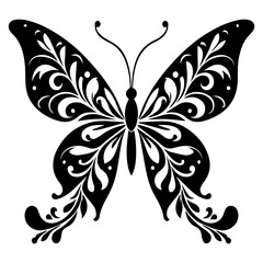 Ornate black butterfly with swirling floral patterns white