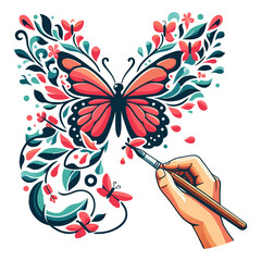 Hand painting a butterfly with floral elements brush