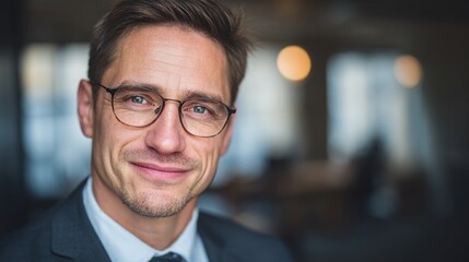 Fototapeta premium Confident businessperson in formal attire with a subtle smile, soft lighting highlighting professional demeanor.