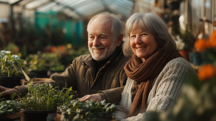 Fototapeta premium Joyful elderly couple gardening in greenhouse, warm sunlight, positive retirement lifestyle