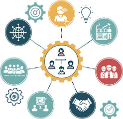Business Teamwork and Organization Infographic with Gear and Network Icons