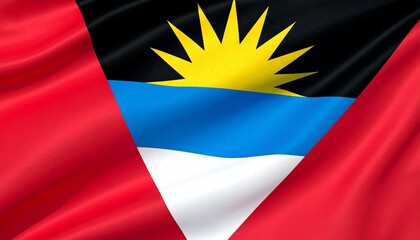 Antigua and Barbuda flag with rising sun, black top, blue and white stripes, red triangles