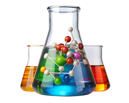 Assorted Laboratory Flasks with Colorful Liquids and Molecular Structures chemistry isolated on a transparent background