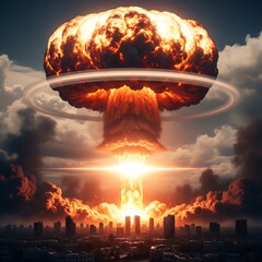 A powerful nuclear explosion engulfs a city, creating a devastating scene of destruction and intense heat.
