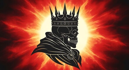 Silhouette of a skull king, adorned with a regal crown, positioned against a backdrop of fiery celestial energy.