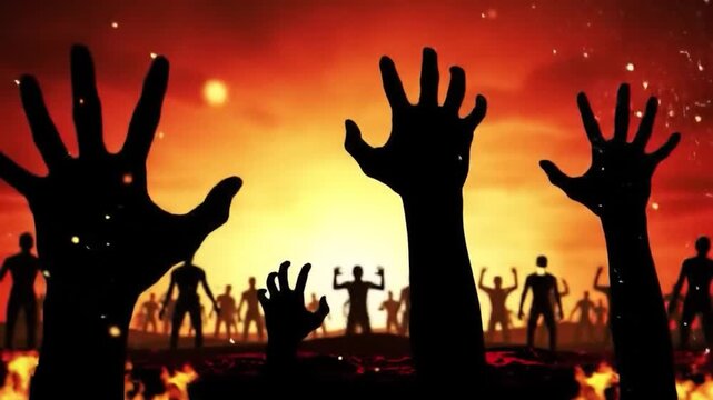 Zombie horde rising from hell with hands reaching out in a fiery apocalyptic scene