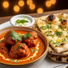 A flavorful dish of chicken tikka masala with naan bread, showcasing vibrant colors and delicious aromas.