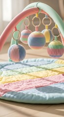 Pastel-colored play mat with textured balls and arch offers delightful sensory stimulation for babies.