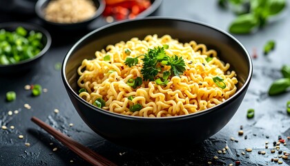 Bowl of cooked instant noodles garnished with herbs