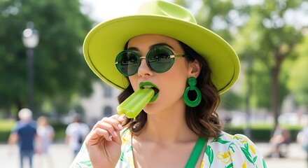 A stylish woman in a lime green hat and sunglasses enjoys a vibrant green popsicle outdoors.