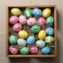 Fototapeta premium easter eggs in a basket.Beautiful, bright, colorful Easter eggs in a wooden box for Easter