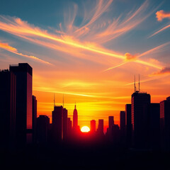 City Skyline Silhouette at Sunset with Skyscrapers and Dramatic Orange Sky