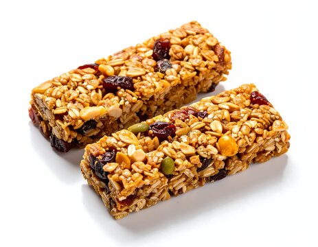 Two granola bars on white background