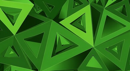 A vibrant design featuring a complex arrangement of interlocking triangles in shades of green.