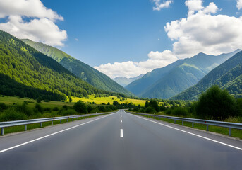 Empty asphalt road and green mountain nature landscape under blue sky Road and mountains background