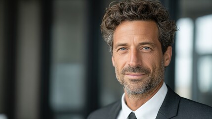 Confident businessperson in formal attire with a subtle smile, soft lighting highlighting professional demeanor.