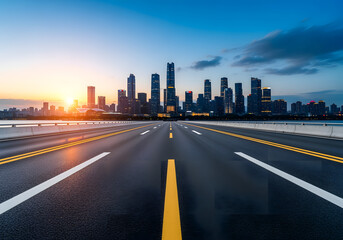 Fototapeta premium Empty asphalt road with city skyline