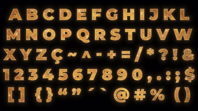Complete golden glitter alphabet, numbers, and symbols set with a sparkling effect and glowing edges. Luxury font for design projects. Isolated on a transparent background for easy use.