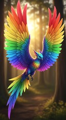 A vibrant, rainbow-colored mythical bird soars through a sun-dappled forest, showcasing detailed plumage and majestic wings.