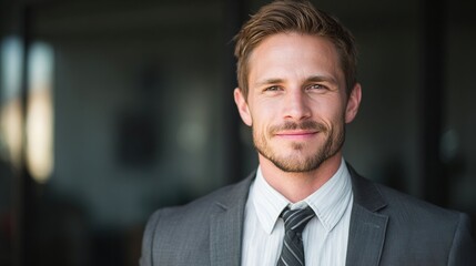 Confident businessperson in formal attire with a subtle smile, soft lighting highlighting professional demeanor.