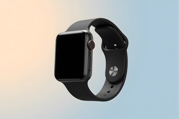 A black smartwatch with a black band on a blue background.