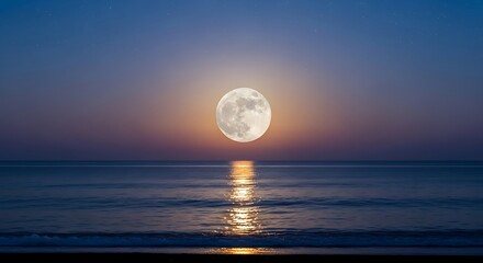 A breathtaking full moon rises above a tranquil ocean at sunset, casting a serene glow on the water's surface.