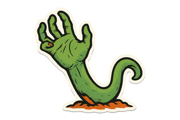 Obraz premium Vintage 90s zombie hand rising from grave. Halloween monster sticker with halftone texture. Spooky undead arm vector illustration. Creepy dead hand graphic for horror design.